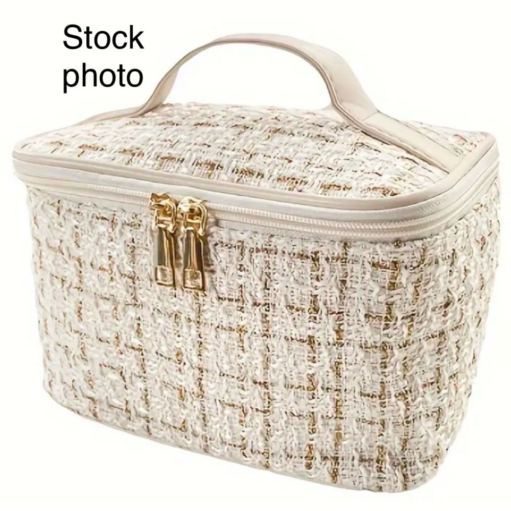 Beautiful New Cream & Gold Tweed Makeup Cosmetic Toiletries Travel Lunch Bag